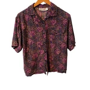 Technics Womens Short Sleeve Button Up Floral Print Blouse Top